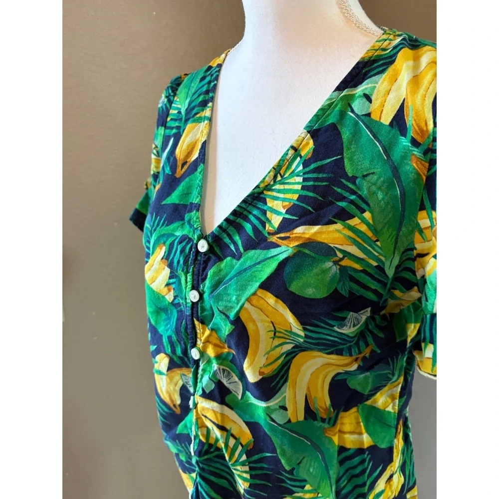 Old‎ Navy Womens S Tropical Banana Print V-Neck Button Front Blouse Cotton Mix